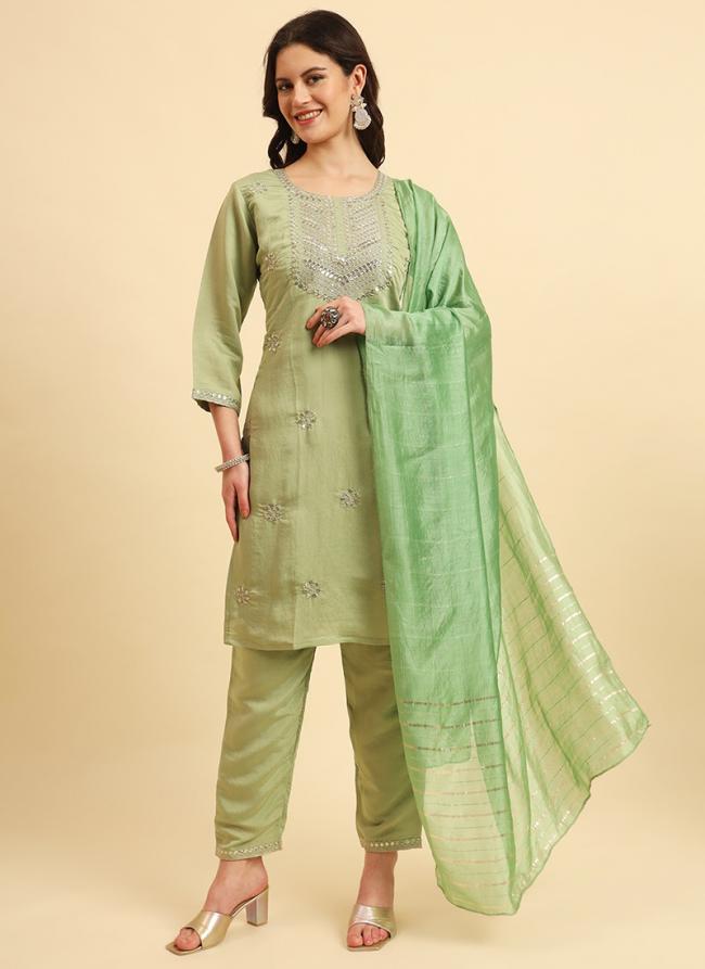 Silk Blend Green Casual Wear Embroidery Work Readymade Kurti Set